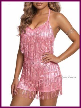 Sequin Fringe Romper Backless Sparkly Jumpsuit Disco Club Outfit Halter